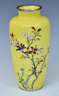 Japanese Cloisonne Vase with a Bird in Cherry Tree: Japanese Cloisonne Vase with a Bird in Cherry Treet with custard yellow ground 8 1/2 high early 20th century