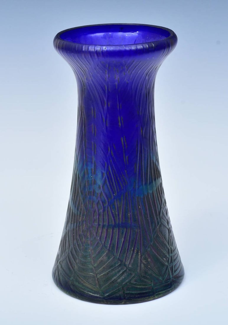 Bohemian Blue Art Glass "Spider Web" Vase (1 of 3)