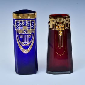 Pair of Bohemian Art Glass Vases with enameled decoration, attributed to Josef Riedel