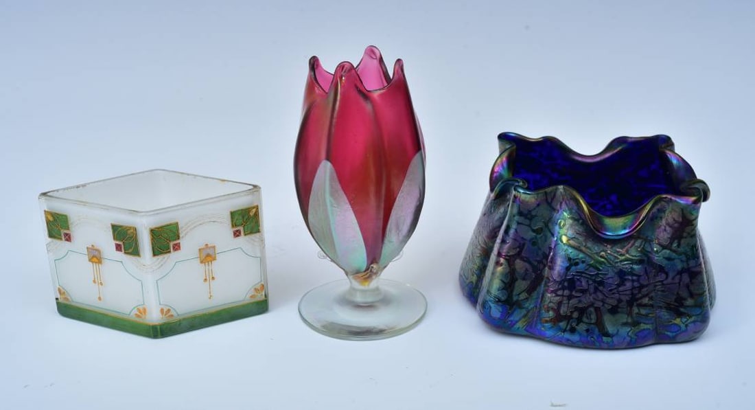 (3) Continental Art Glass Vases including "oil spot" bowl attributed to Loetz (1 of 2)