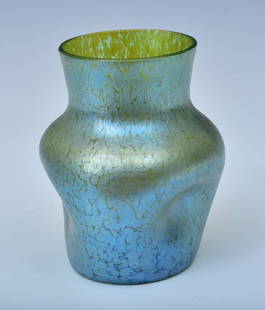 Attributed to Loetz Pinched Art Glass Vase together with another Bohemian Vase: Attributed to Loetz Pinched Art Glass Vase 6" high circa 1910 together with another Bohemian Art Glass Vase 7 1/4" high unmarked early 20th century