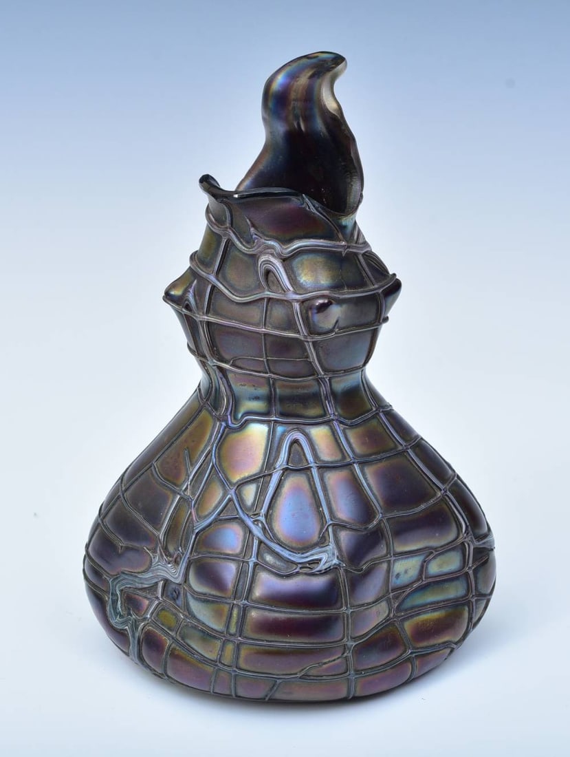 Attributed to Loetz Threaded Irridescent Art Glass Vase (1 of 3)