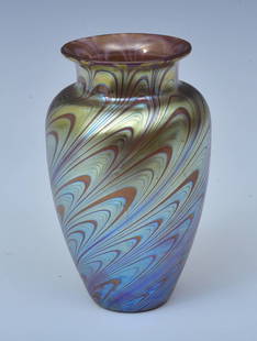 Loetz Gold Swirl Art Glass Vase: Loetz Gold Swirl Art Glass Vase 6" high with polished pontil unsigned circa 1910