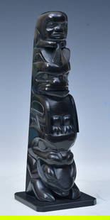 Haida Carved Argillite Totem signed "Gitsgah" (Ron Wilson): Haida Carved Argillite Totem signed "Gitsgah" (Ron Wilson, born 1945) 9.5" high circa 1960s/70s Gitkinjuaas (Ron Wilson), is the current hereditary chief of Cumshewa and also goes by the name Giitxaas