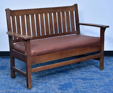Attributed to L & JG Stickley Oak Settee: Attributed to L & JG Stickley Oak Settee 55 3/8" wide, 36" high, 22 1/2" deep unsigned circa 1910 *** available for pick-up in Scotts Valley, California ***