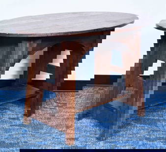 Limbert Oval Oak Library Table with cu-outs: Limbert Oval Oak Library Table with cut-outs 45" long, 30" wide, 28 3/4" high signed with branded mark under top circa 1910 available for pick-up in Scotts Valley, California ***