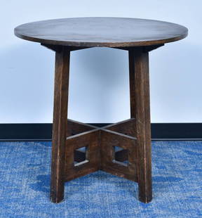 Limbert Round Oak Lamp Table with cut-outs: Limbert Round Oak Lamp Table with cut-outs 29 1/4" high, 30" diameter with stamped signature under top circa 1905 *** 3rd party shipping or pick-up from our Scotts Valley offices ***