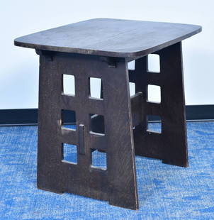 Rare Limbert Oak Side Table with cut-outs: Limbert Oak Side Table with cut-outs 24" by 30" top, 27" high with paper label circa 1906 *** 3rd party shipping or pick-up from our Scotts Valley offices ***