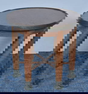 Adolf Loos "Haberfield" Center Table: Adolf Loos "Haberfield" Center Table with stacked stretchers, hammered copper edging and feet 26 1/2" high, 30" diameter unmarked circa 1900 *** 3rd party shipping or pick-up from our Scotts Valley of