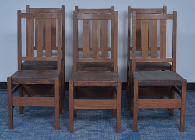 Set of Six Gustav Stickley Ladderback Chairs with leather seats