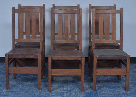 Set of Six Gustav Stickley Ladderback Chairs with leather seats: Set of Six Gustav Stickley Ladderback Chairs with leather seats 17" wide, 16" deep, 39 1/4" high original leather and tacks each with brand, some also with paper label circa 1910 *** 3rd party shippin