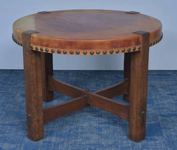 Gustav Stickley Leather Top Game Table: Gustav Stickley Leather Top Game Table 40 1/2" diameter, 28 1/2" high signed with early large decal under top circa 1905 *** 3rd party shipping or pick-up from our Scotts Valley offices ***