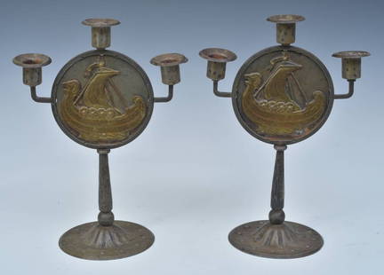Pair of Goberg Iron and Brass Candelabra circa 1910: Pair of Goberg Hand-Forged Iron and Brass Candlesticks 12 3/4" high stamped "Germany" on underside circa 1910