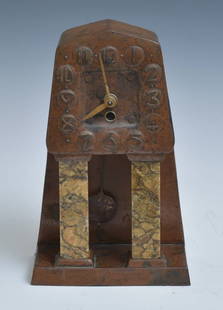 Albin Muller Secessionist Copper Mantle Clock: Albin Muller Secessionist Copper Mantle Clock with marble columns 12 1/4" high circa 1900 Albin Camillo Müller, also known as Albinmüller, was a German architect and designer active in Darmstadt. In