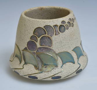 Early Zsolnay Modernist Jardiniere: Early Zsolnay Modernist Jardiniere with iridescent panels against a speckled body 6 3/4" high, 9" diameter embossed mark on bottom circa 1906