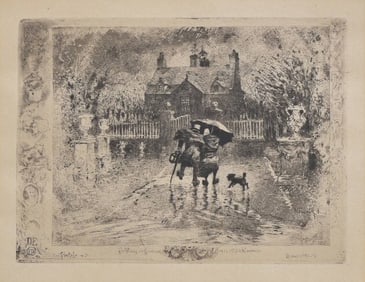 Félix Hilaire Buhot (1847-1898) Etching,  Les Voisins de Campagne (Country Neighbors)