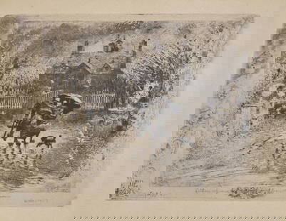 Félix Hilaire Buhot (1847-1898) Etching,  Les Voisins de Campagne (Country Neighbors): Félix Hilaire Buhot (1847-1898) Etching, Les Voisins de Campagne (Country Neighbors) plate 5 3/8" x 7" sheet 10 3/4" x 13 5/8"signed in plate lower left late 19th century