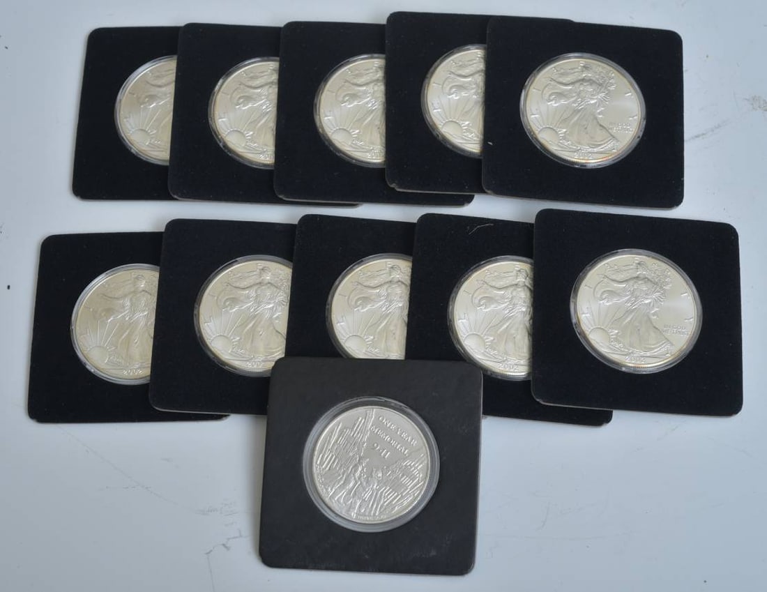 Ten 2002 Walking Liberty Silver Dollars and Commemorative 9/11 Coin (1 of 3)