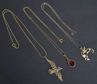 Two 14k Gold Necklaces with Bird Pendants