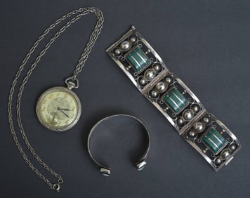 Two Sterling Silver Bracelets and a Bulova Pocket Watch