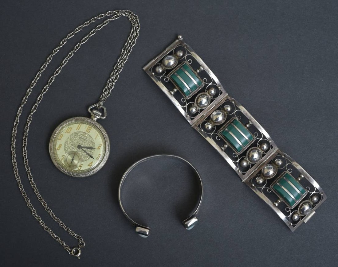 Two Sterling Silver Bracelets and a Bulova Pocket Watch (1 of 3)