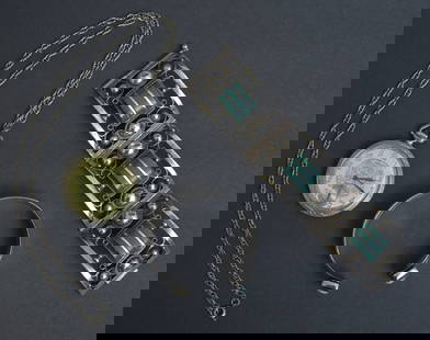 Two Sterling Silver Bracelets and a Bulova Pocket Watch: Two Sterling Silver Bracelets and a Bulova Pocket Watch Lilly Barrack sterling silver cuff bracelet set with tourmalines, pearls, rock crystal and 14k gold accents, stamped ".925 LILY BARRACK 14K" Mex