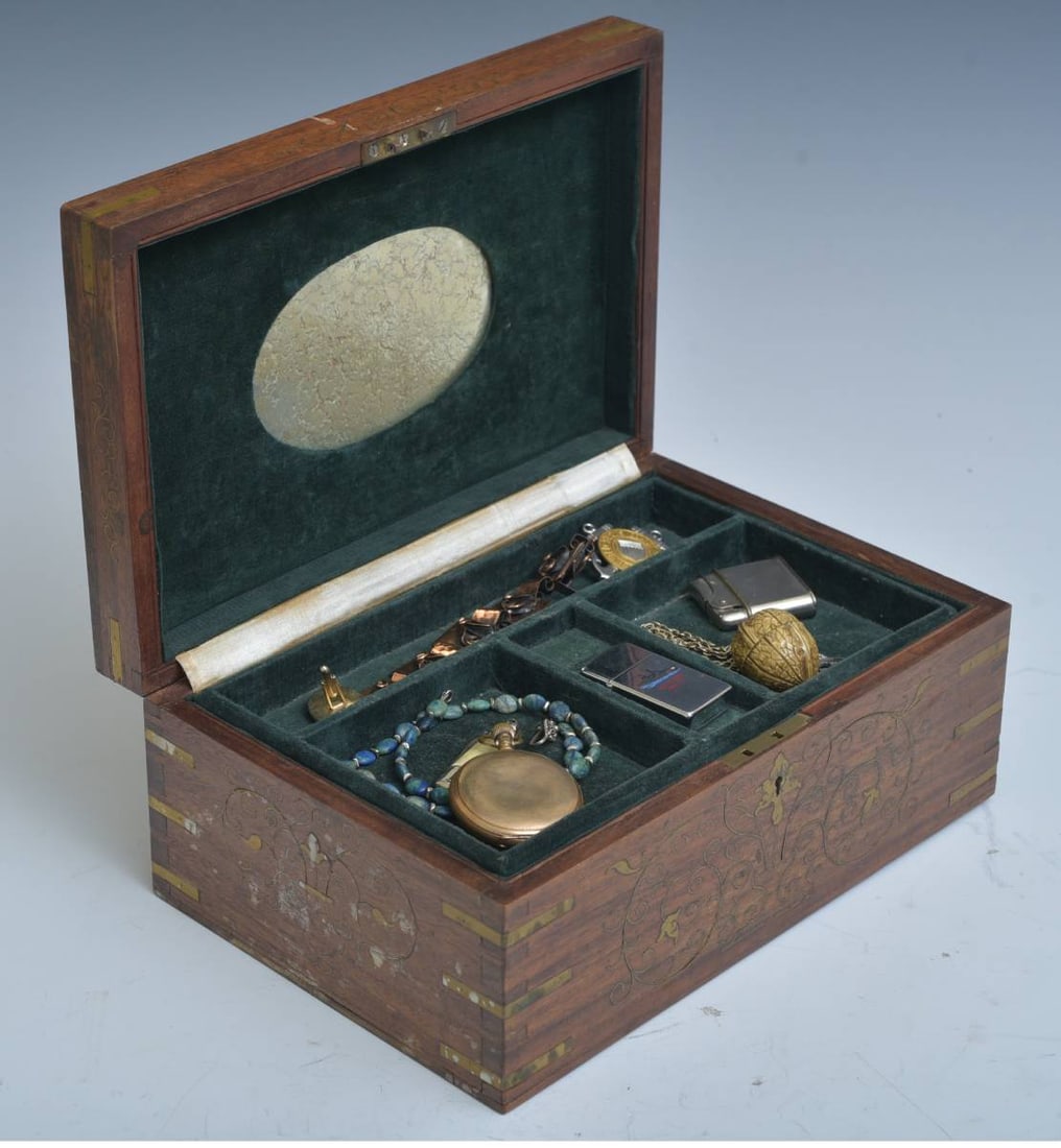 Brass Inlaid Box with Costume Jewelry: Brass Inlaid Box with Costume Jewelry 12"x8"x5" fitted with velvet lined tray and mirror 19th century