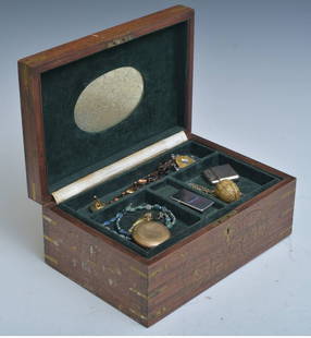 Brass Inlaid Box with Costume Jewelry: Brass Inlaid Box with Costume Jewelry 12"x8"x5" fitted with velvet lined tray and mirror 19th century