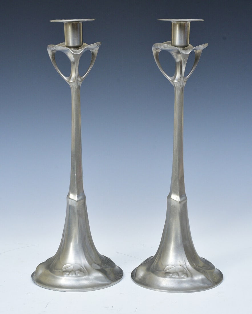 Pair of German Secessionist Pewter Candlesticks, J.P. KAYSER SOHN (1 of 5)