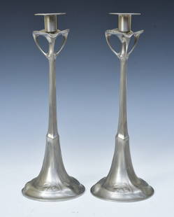 Pair of German Secessionist Pewter Candlesticks, J.P. KAYSER SOHN: Pair of German Secessionist Pewter Candlesticks J.P. KAYSER SOHN, Krefeld, Germany Pair of Candelabra 16 1/2" high signed "Kayserzinn" circa 1900