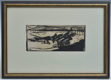 Armin Carl Hansen (1886 - 1957) ink sketch, "Dragging a Boat": Armin Carl Hansen (1886 - 1957) ink sketch, "Dragging a Boat"4" x 8 3/4" pen & ink on papersigned lower leftwith Maxwell Galleries label versoand notation, "... from estate"framed to 12"x 16"