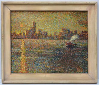 Roy Kneeland Oil, New York Harbor at Sunset, Circa 1930