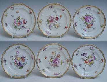 Set of Six Meissen Floral Plates, 8 1/4" diameter