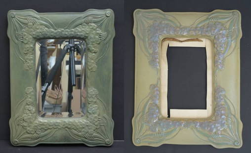 Very Rare Pair of Early Zsolnay Pottery Mirrors circa 1900: Very Rare Pair of Early Zsolnay Pottery Mirrors 20 3/4" x 16" overall, glass 13"x8" one with polychrome stamped on reverse with maker's mark circa 1900