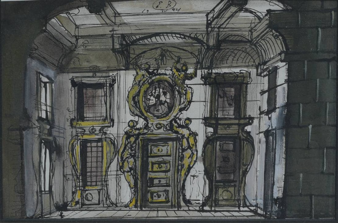 Eugene Berman (1899-1972) Original Stage Design, New York Metropolitan Opera: Eugene Berman (1899-1972) Original Stage Design, New York Metropolitan Opera Castle Interior 7 1/2" x 11" ink and watercolor on paper signed "EB and dated 1944 at top center framed to 14"x17" Born in