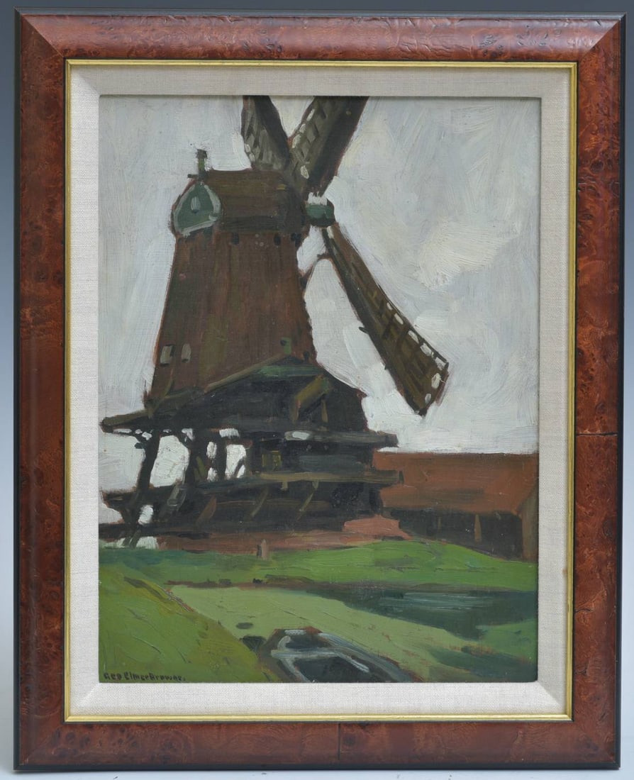 George Elmer Browne (1871 - 1946) Windmill in the French Countryside: George Elmer Browne (1871 - 1946) Windmill in the French Countryside 13"x10" oil on board signed lower left