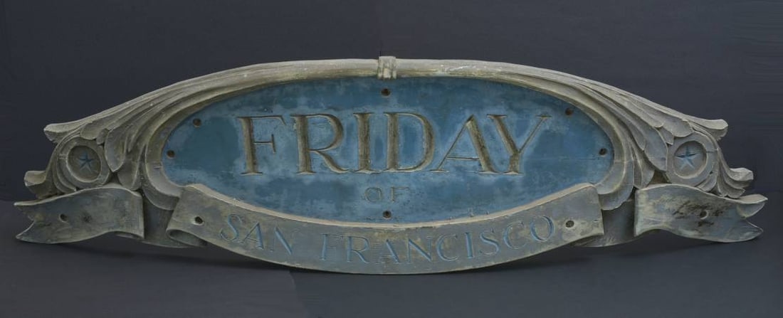 Carved and Polychromed Stern Board, Friday / San Francisco: Carved and Polychromed Stern Board, Friday / San Francisco 19"high x 61"wide approx 30 lbs *** SHIPPING BY 3RD PARTY, available for pickup at our offices in Felton, CA ***