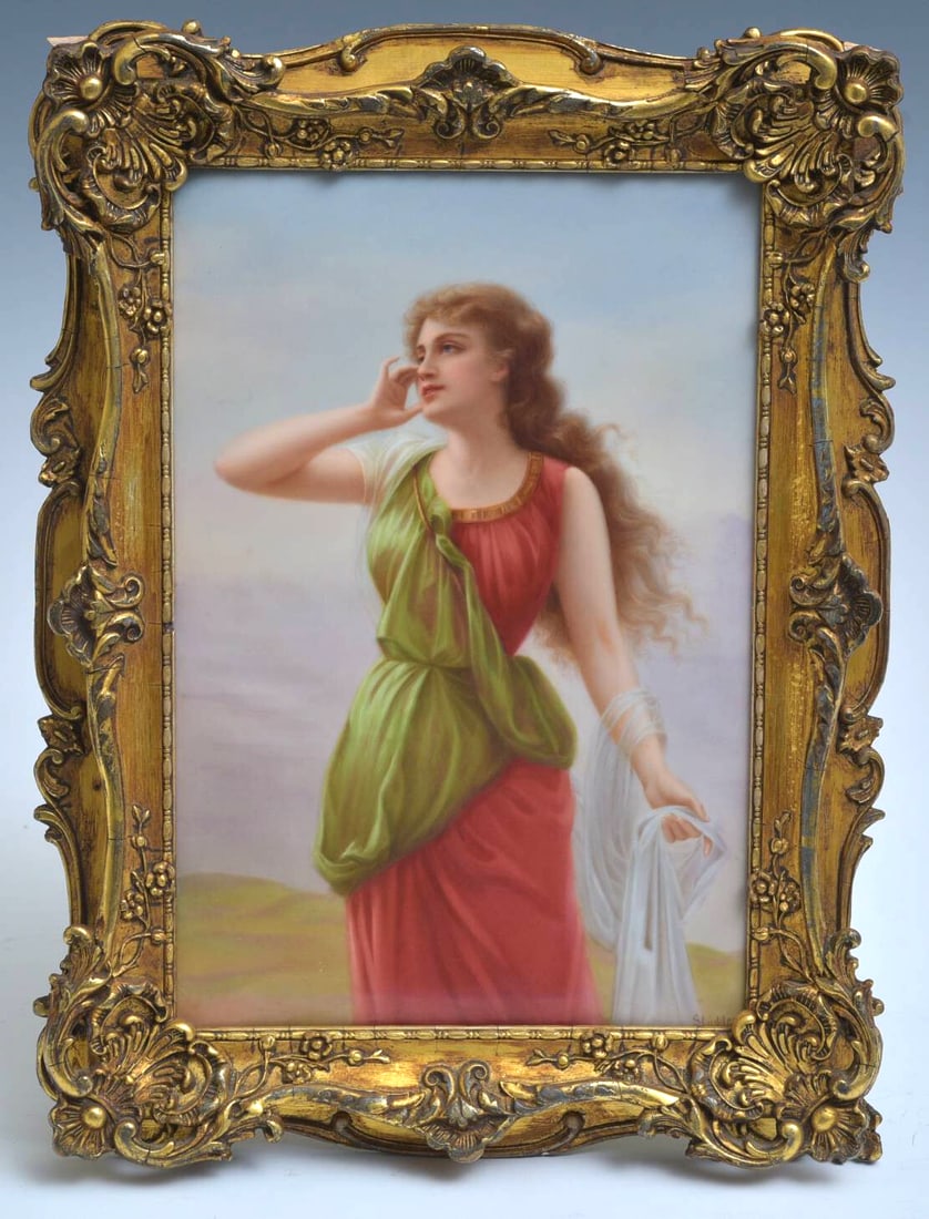 German Hand Painted Porcelain Plaque circa 1890, attributed to KPM: German Hand Painted Porcelain Plaque plaque 9 1/2" x 6 3/8" signed lower right "Stu??ler" impressed on the back "KPM" with a scepter, may be a spurious marking fabulous quality nonethelesswith a good