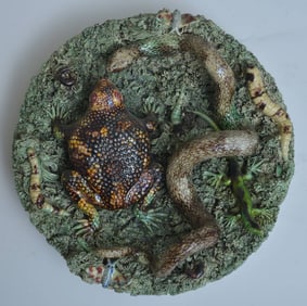 Jose Cunha Palissy Ware Majolica Plate- snake, toad, salamander, 9 1/2"