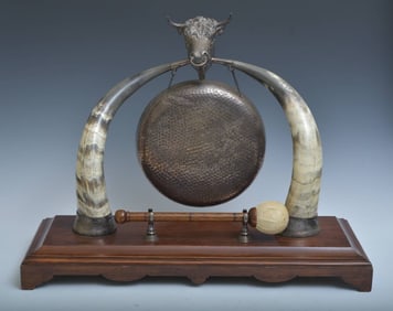 Victorian Dinner Gong with horns and silverplate steer head, circa 1875