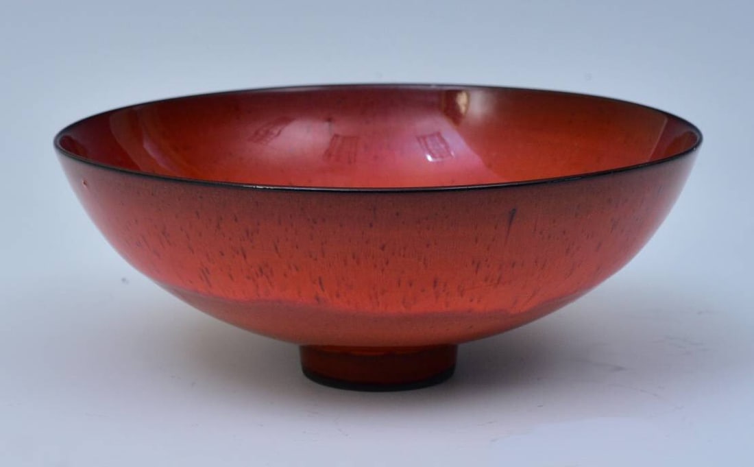 James Lovera (1920-2015) Footed Pottery Bowl with Red Glaze: James Lovera (1920-2015) Footed Pottery Bowl with Red Glaze7" diameter