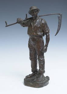 Hans Muller (1873 - 1937), Bronze Farmer with scythe: Hans Muller (1873 - 1937), Bronze Farmer with scythe 15" high signed along base late 19th/early 20th century