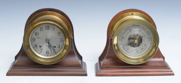 Chelsea Ships Bell Clock and matching Barometer, mahogany bases