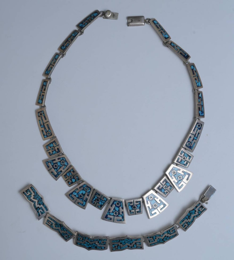 Sterling Silver Inlaid Turquoise Necklace and Bracelet Set (1 of 4)