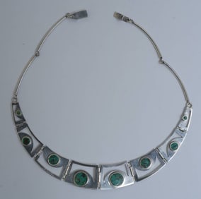 Taxco Sterling Silver Green Turquoise Moderne Necklace