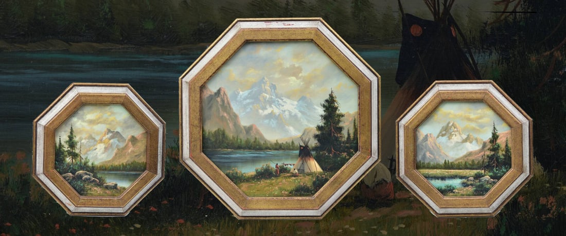 Heinie Hartwig (b. 1937) Three Mountain Landscapes, with Native Americans: Heinie Hartwig (b. 1937) Three Mountain Landscapes the larger 11.5" across, octagonal, oil on masonite titled verso "Mountain Life" the two smaller, 8" across, octagonal, oil on masonite each signed a
