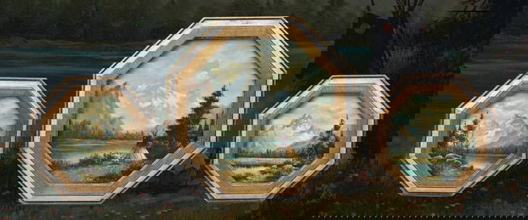 Heinie Hartwig (b. 1937) Three Mountain Landscapes, with Native Americans: Heinie Hartwig (b. 1937) Three Mountain Landscapes the larger 11.5" across, octagonal, oil on masonite titled verso "Mountain Life" the two smaller, 8" across, octagonal, oil on masonite each signed a