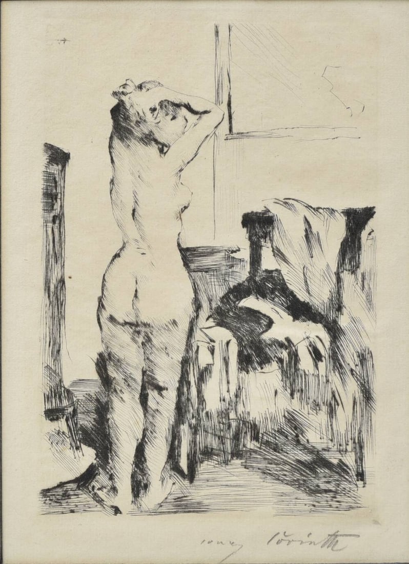 Lovis Corinth (German, 1858–1925) "Study of a Model" Female Nude: Lovis Corinth lithograph, "Study of a Model" Nude 8"x 5 3/4" sight framed to 18"x15" pencil signed lower right