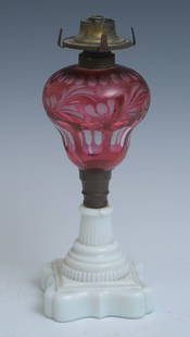 Sandwich Glass Fluid Lamp: Sandwich Glass Fluid Lamp with etched cranberry glass font 11 5/8" high mid-19th century