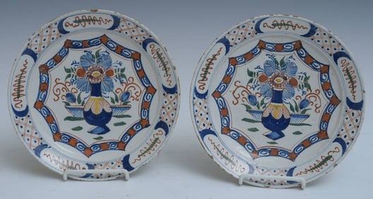 Pair of Delft Polychrome Faience Plates